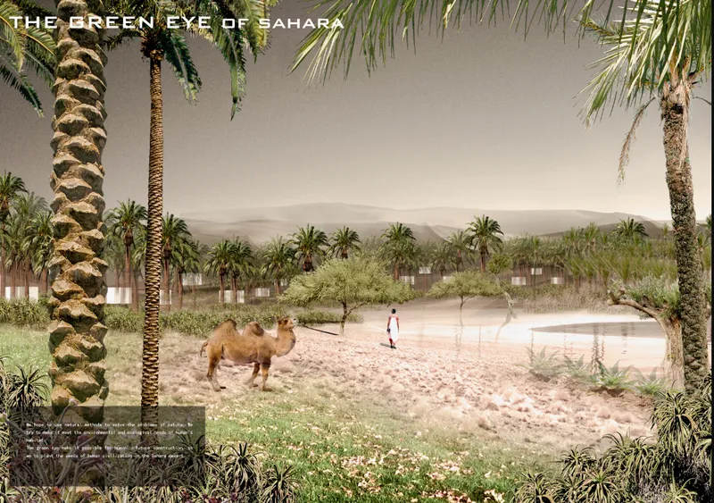 Rendering of an oasis courtyard with palm trees, a camel, and scattered pavilions amid sandy terrain and mountains