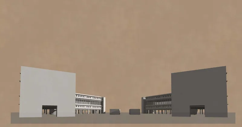 Elevation drawing showing two rectangular volumes flanking central horizontal banded structures