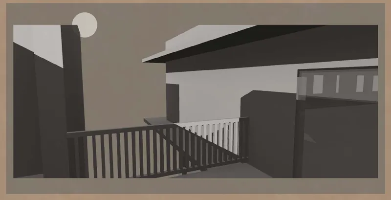 Perspective rendering of a pedestrian bridge with vertical railings crossing between angular building volumes