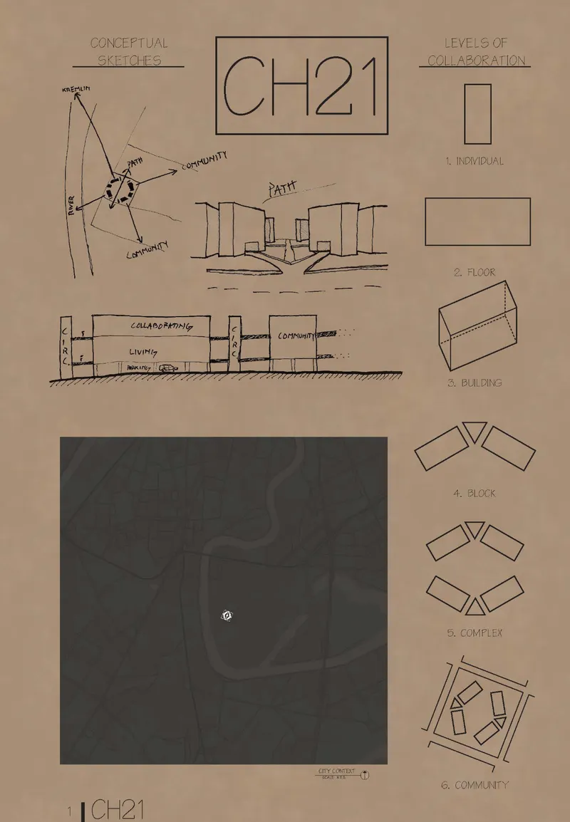 Conceptual diagram sheet showing site plan, section, elevation sketch and collaboration level diagrams