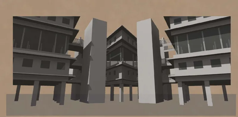 Model view of three buildings on pilotis with connecting bridges and narrow circulation spaces between