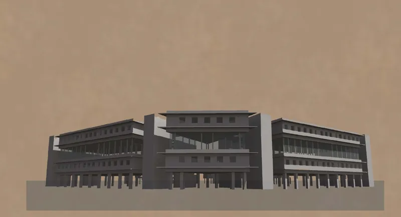 Frontal elevation model showing a symmetrical facade with horizontal banding and central projecting volume