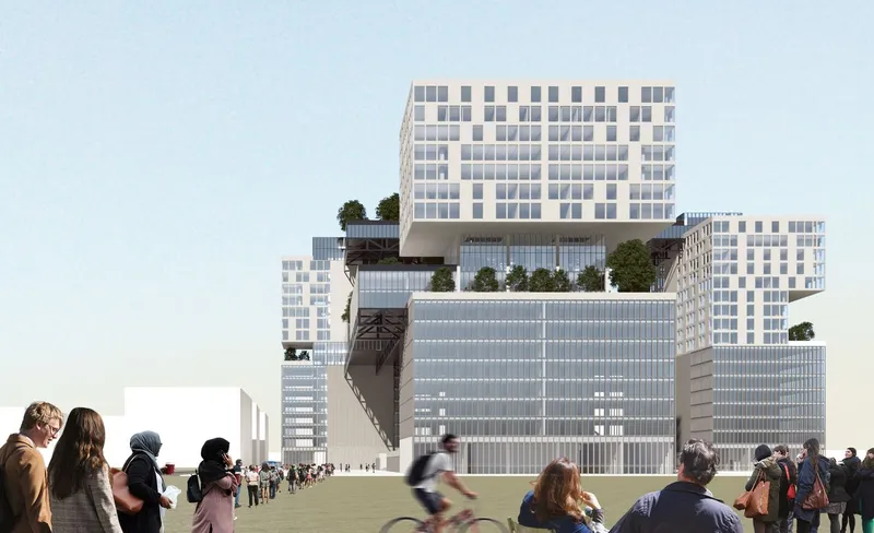 Rendering of stacked glass volumes with cantilevered upper blocks and rooftop terraces populated by trees