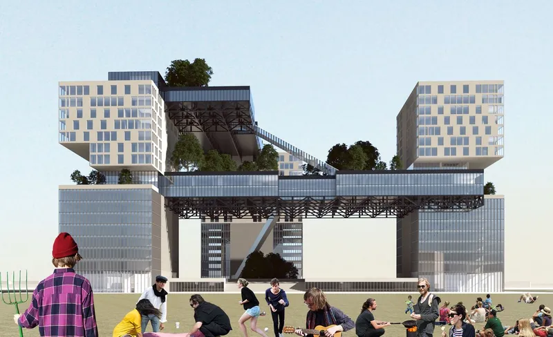 Elevated walkway connecting two cantilevered towers above a glass podium with exposed diagonal steel structure