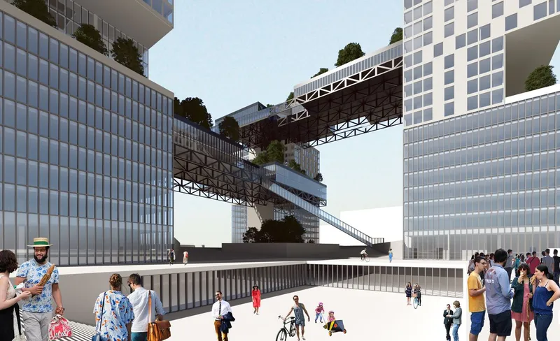 Curved public plaza beneath intersecting pedestrian bridges linking glass facades with planted roof terraces