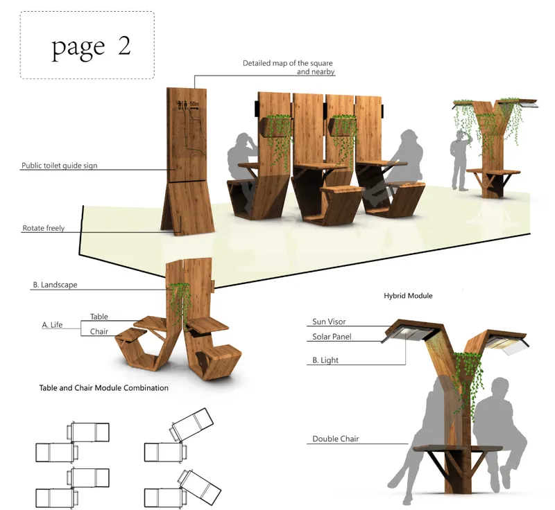 Exploded axonometric drawing showing modular timber seating units with integrated planters and solar panels