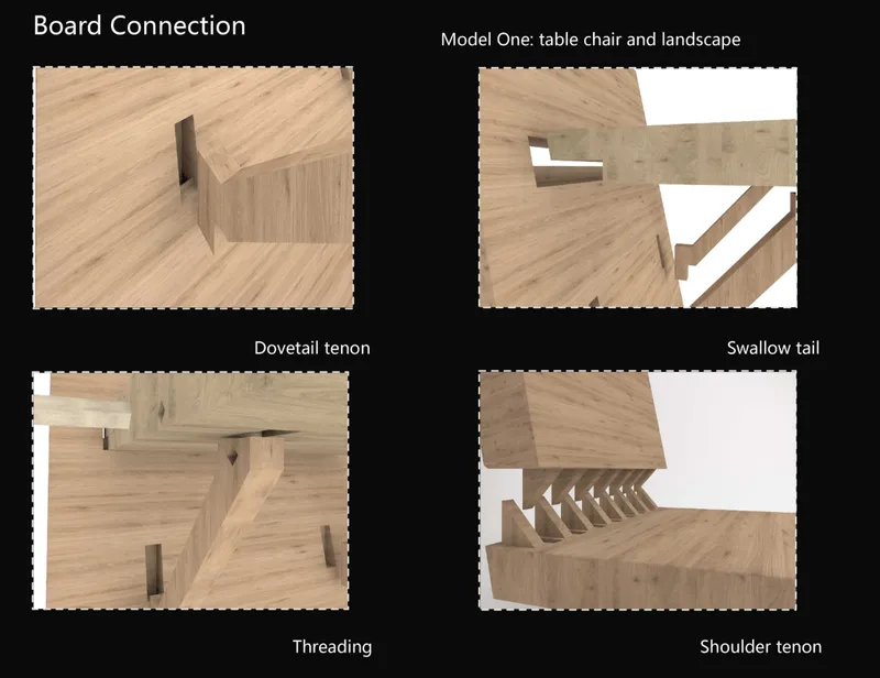 Detail renderings of timber joinery including dovetail tenon and swallow tail connections