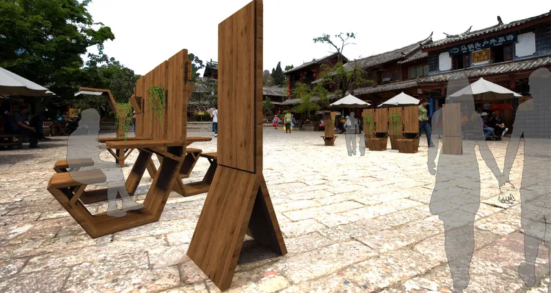 Timber seating module with planted screen and folding table in a paved public square