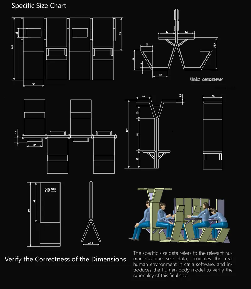 Technical elevation and plan drawings with dimensions for the modular seating system