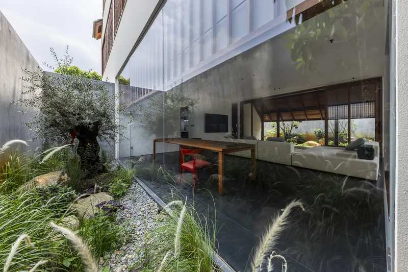 View through glazed sliding doors to interior living space with concrete wall and courtyard planting