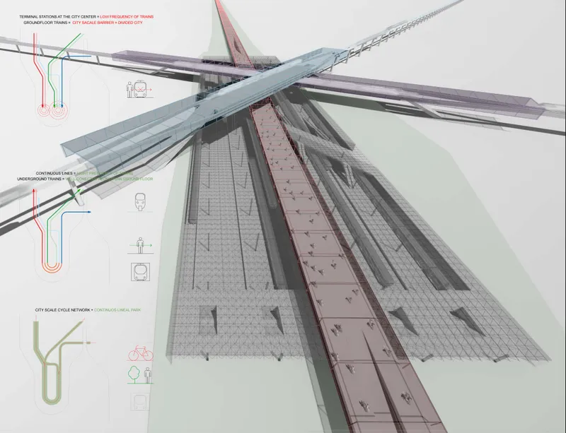 Axonometric drawing showing underground transit platforms with intersecting roof canopies and circulation diagrams