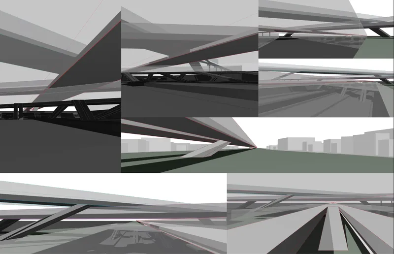 Composite rendering of elevated transit infrastructure with crossing structural beams in multiple perspectives