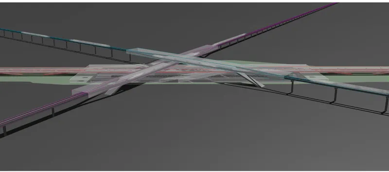 Rendering of arched pedestrian bridge spanning transit tracks with translucent canopy above