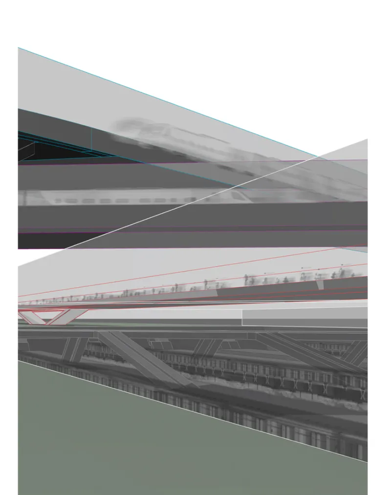 Layered sectional view showing platform levels with diagonal crossing bridges and waiting passengers