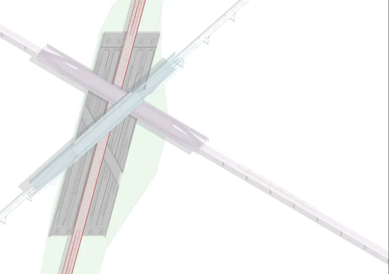 Aerial axonometric view of transit hub with crossing roof planes and central platform volume