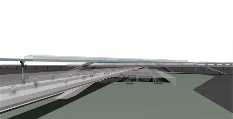 Section rendering of arched bridge structure over transit platforms with translucent roof canopy