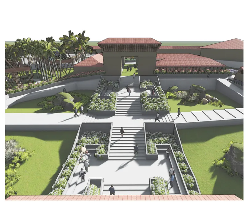 Rendered view of terraced gardens with planted beds and central staircase leading to gateway structure