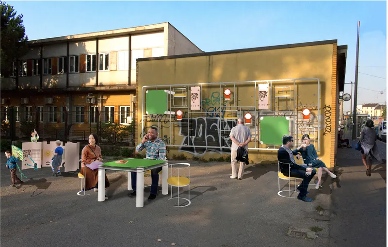 Street view of a translucent pavilion with outdoor furniture and visitors gathering at dusk
