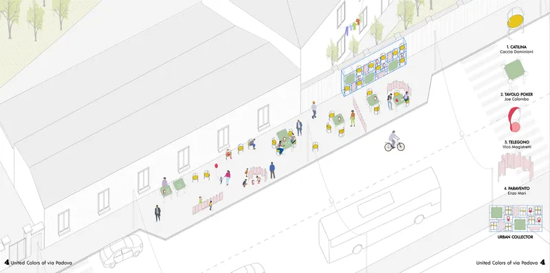 Axonometric drawing of a street activation with modular furniture installations and pedestrians along a building facade