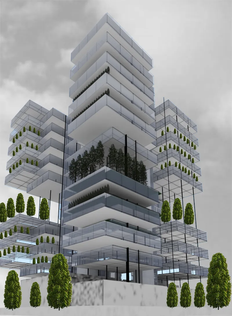Rendered exterior view of stacked volumes with deep balconies and integrated planters against an overcast sky
