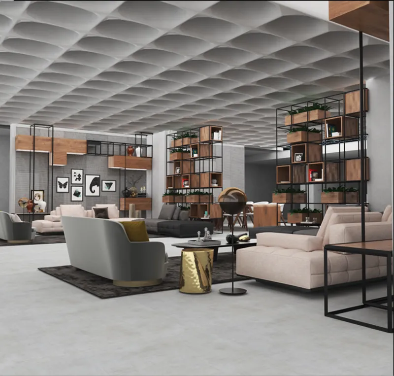 Open lounge with freestanding timber and metal shelving units beneath a sculpted acoustic ceiling
