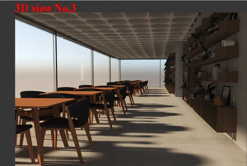 Rendered dining room with timber tables in a row and continuous glazing at dusk