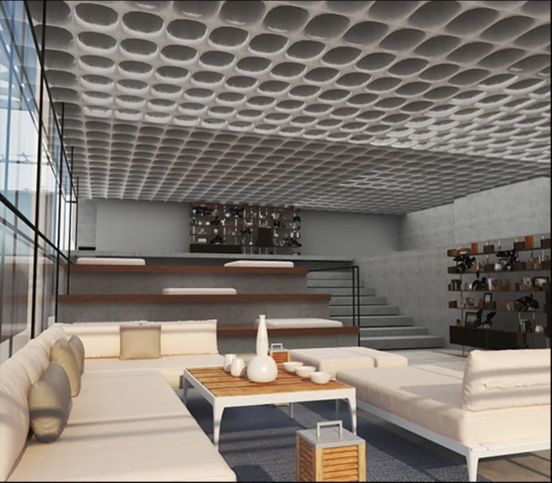 Double-height interior with tiered seating platforms and modular ceiling coffers above polished floors
