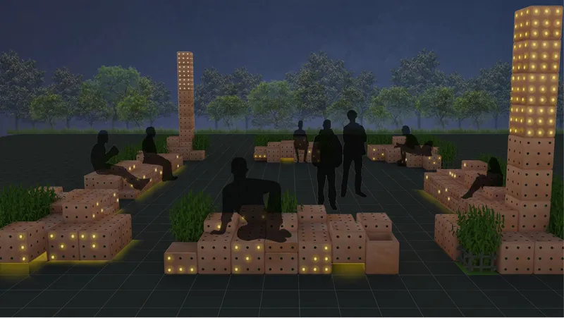 Night rendering of illuminated perforated brick seating modules with figures gathering in a tree-lined plaza