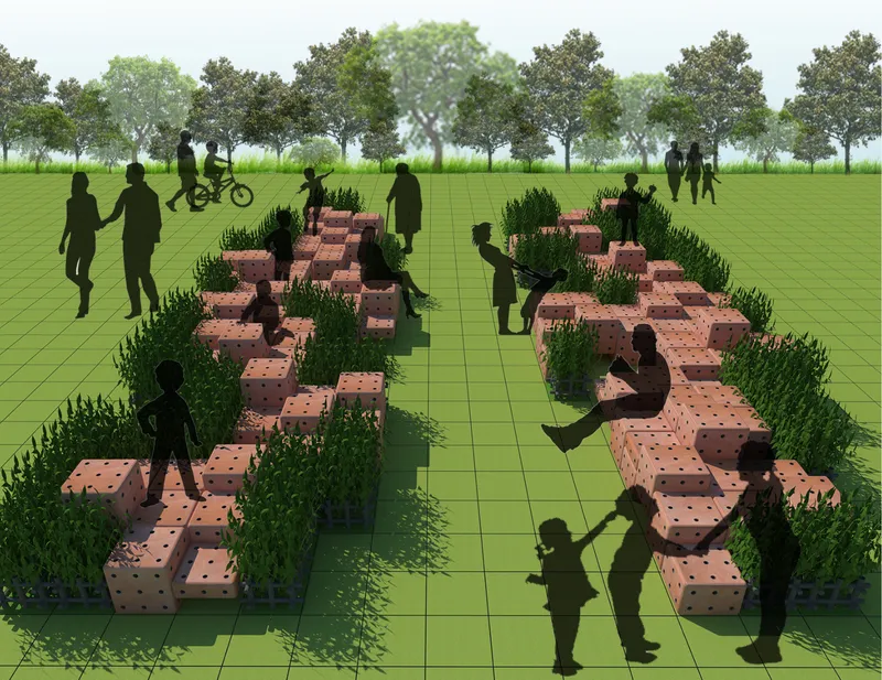 Rendered park view showing brick seating clusters with hedges and figures among trees in green lawn