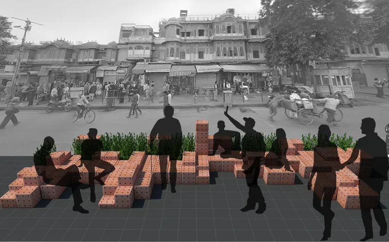 Rendered section view showing perforated brick seating clusters with planters facing a busy street market