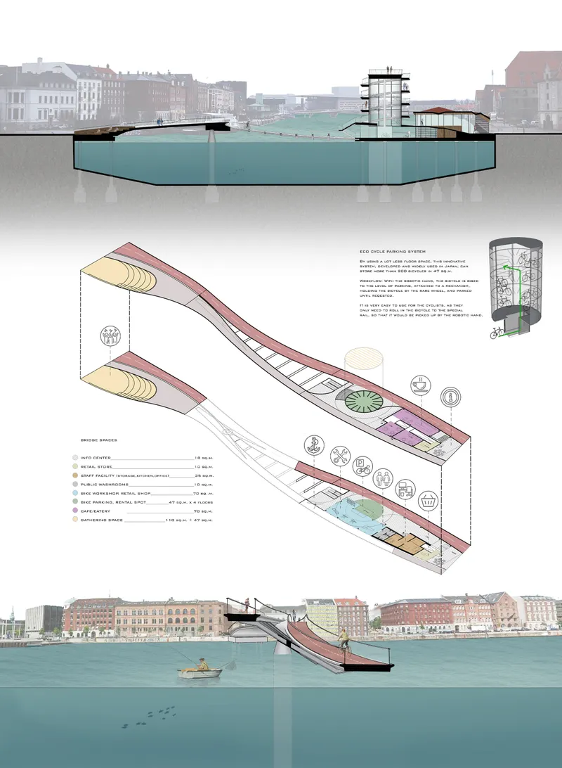 Section and axonometric drawings showing the harbor intervention with ramped paths and floating structures