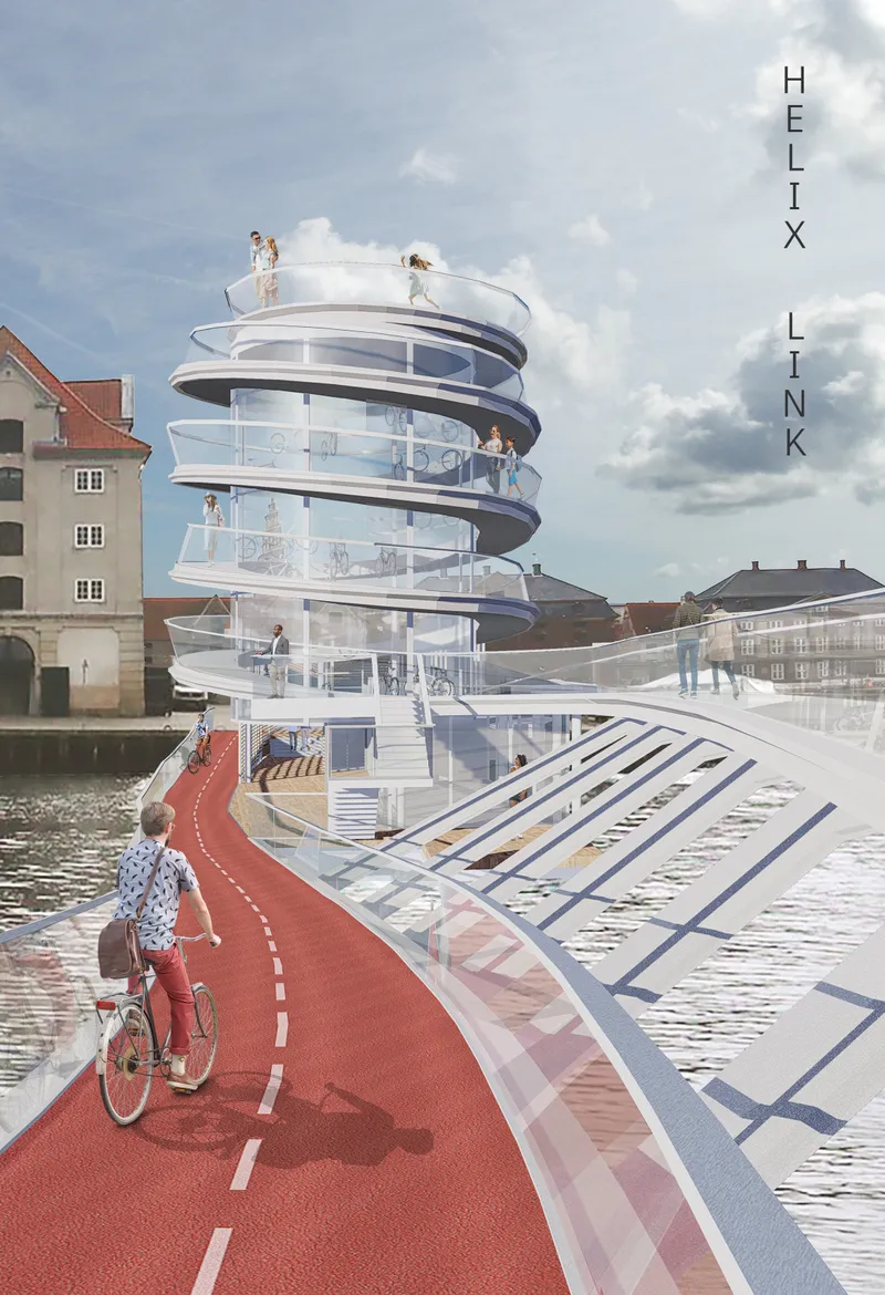 Waterfront view of a spiral glass tower and red bicycle path with a cyclist under cloudy skies