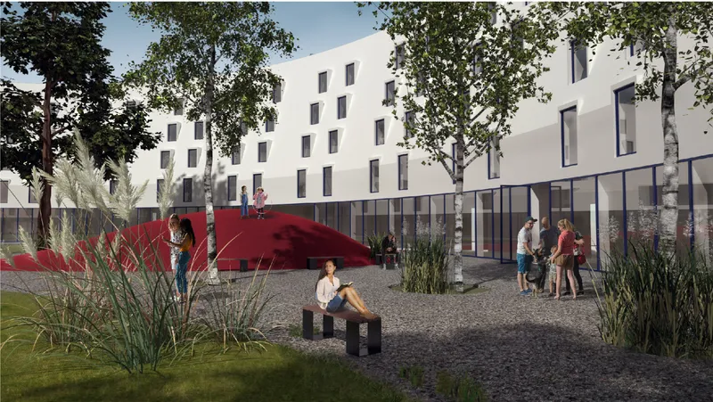 Courtyard with gravel paving and red sculptural mound among planted beds and mature trees