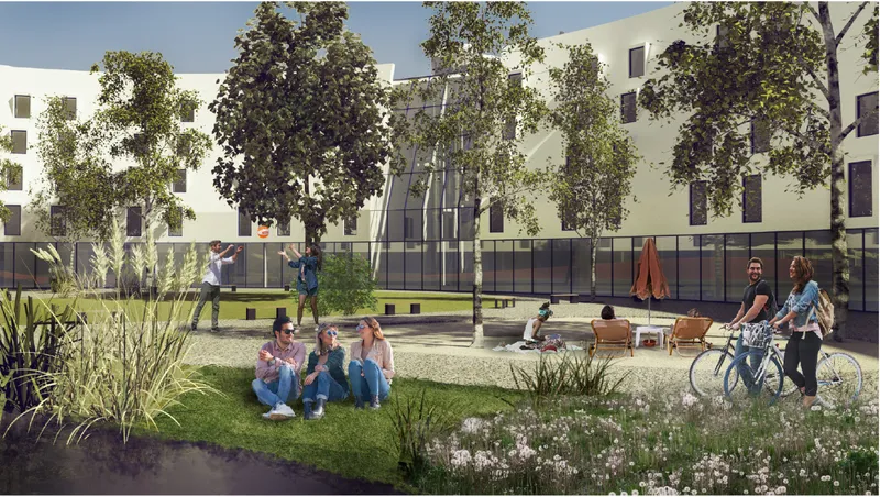 Landscaped courtyard with lawn areas and residents gathering under the shade of existing trees