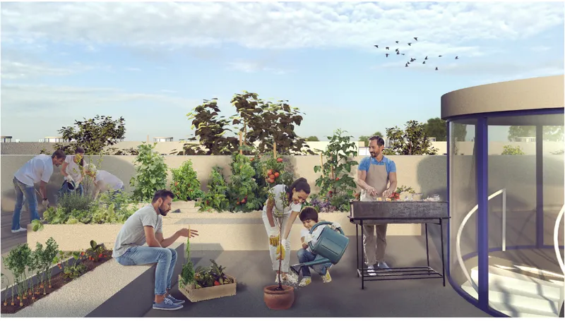 Rooftop terrace with raised planting beds and residents tending vegetables under a cloudy sky