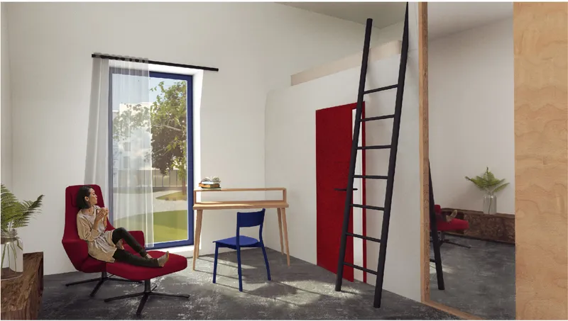 Interior living space with plywood desk and black ladder leaning against red door