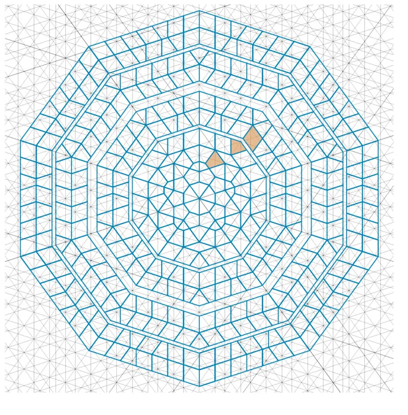 Axonometric wireframe drawing of a multistorey octagonal structure with concentric rings of modules