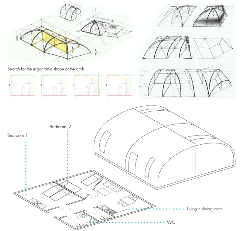 Concept sketches showing arched roof forms above floor plans with labeled bedrooms and living spaces