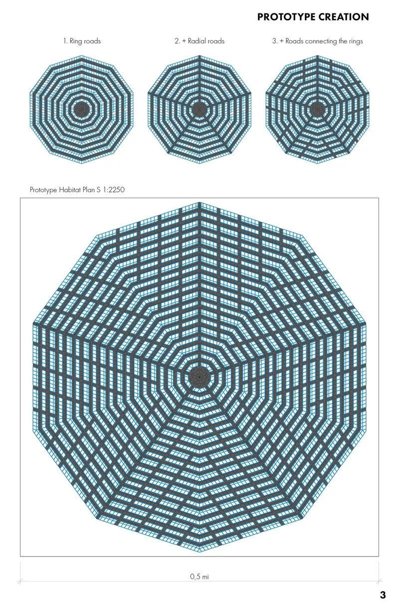 Plan and elevation drawings illustrating the assembly sequence of a ring-based modular structure