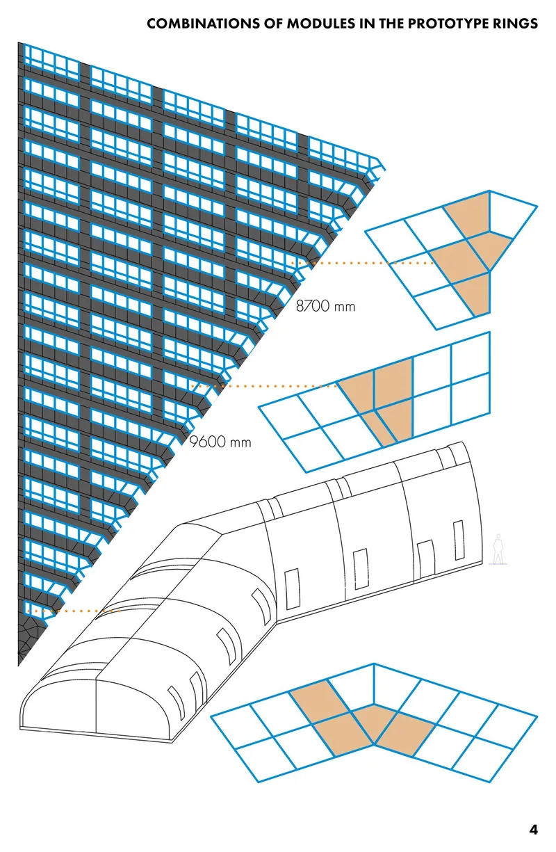 Axonometric diagram showing module combinations and dimensional relationships within a wedge-shaped building segment