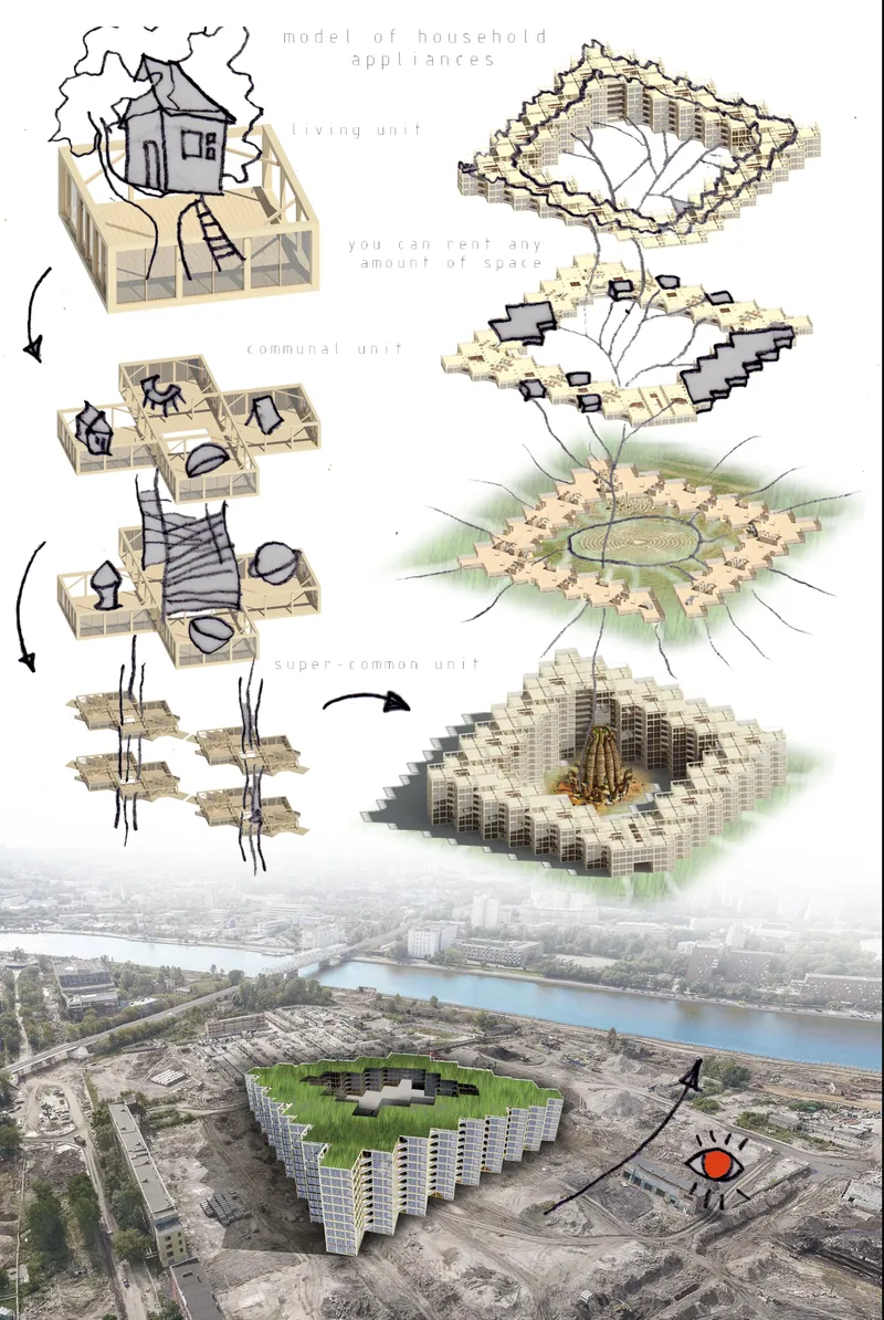 Axonometric drawing showing modular housing units stacking into a zigzag residential complex with aerial site view