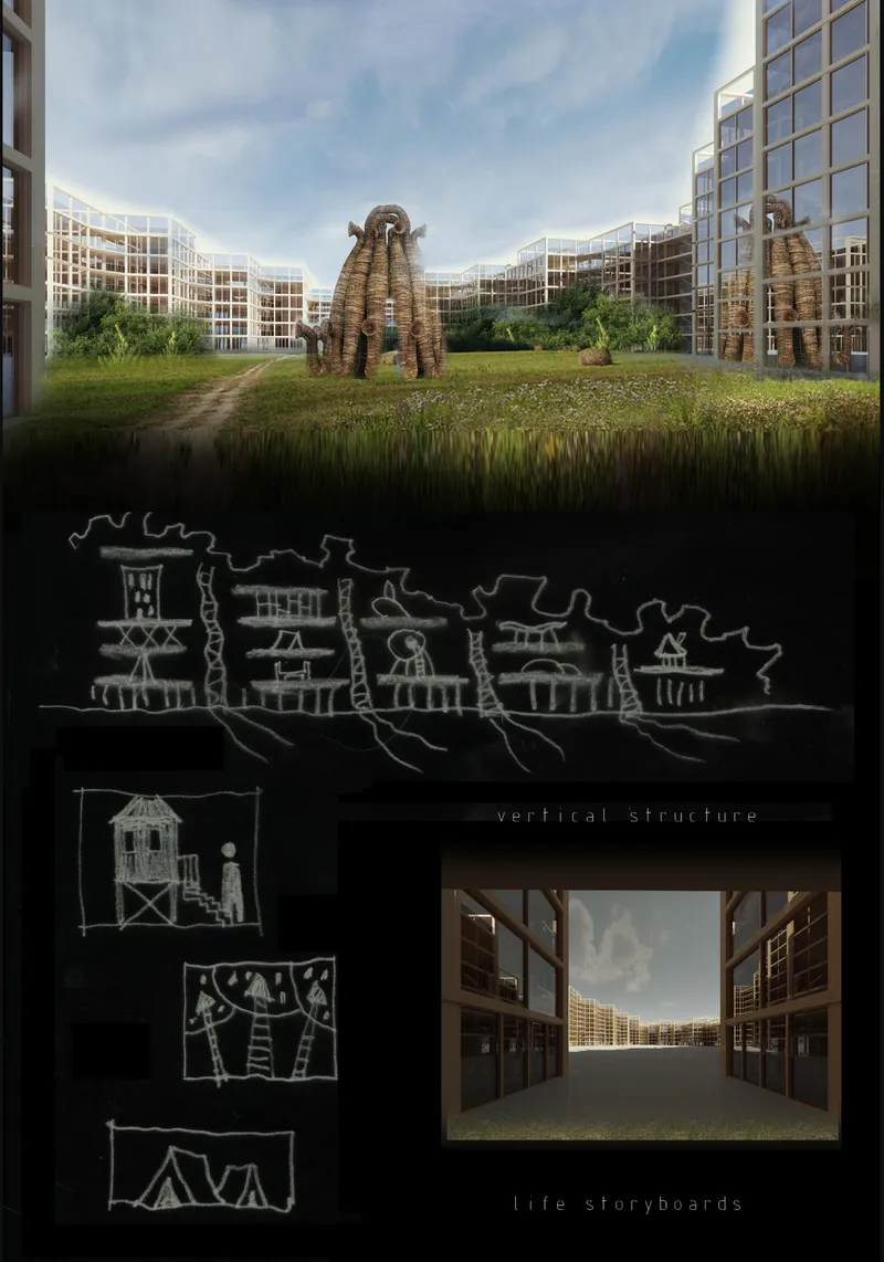 Central courtyard with woven timber sculptures on grass surrounded by glazed frame buildings and conceptual sketches