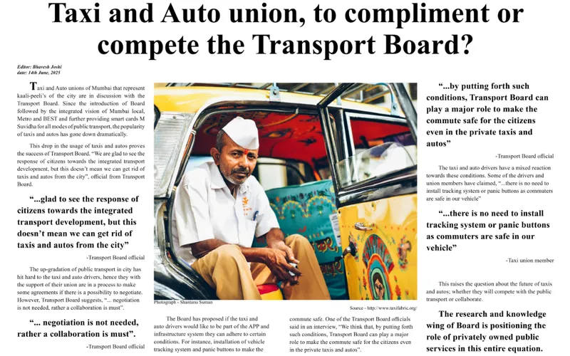 Editorial layout with photograph of taxi driver beside article text about transport policy negotiations