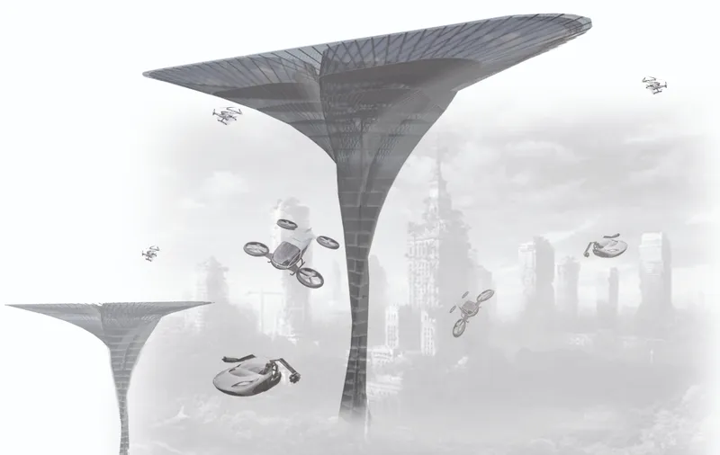 Rendering of the concrete funnel tower with flying vehicles in a misty urban skyline