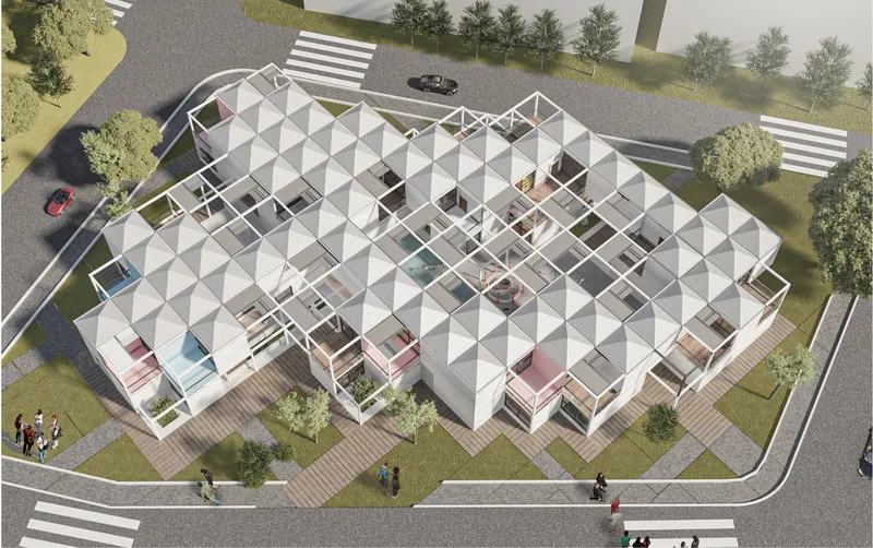 Aerial rendering showing a triangulated roof grid sheltering multiple interior volumes surrounded by trees and pedestrian crossings