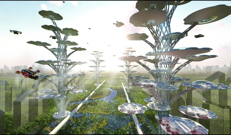 Aerial view of tree-shaped vertical towers with circular platforms connected by elevated roadways over green parkland