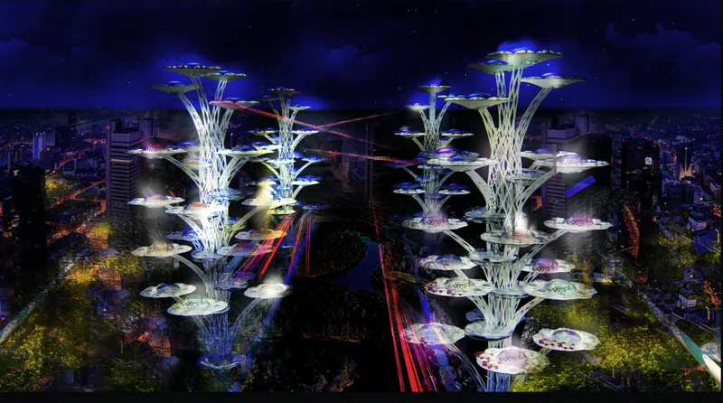 Nighttime view of illuminated vertical tower structures with stacked circular platforms and colored light trails between them