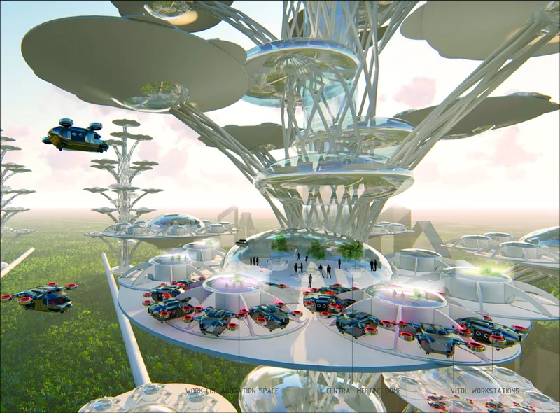 Ground-level view of the circular plaza with parked vehicles beneath a branching structural tower and flying craft