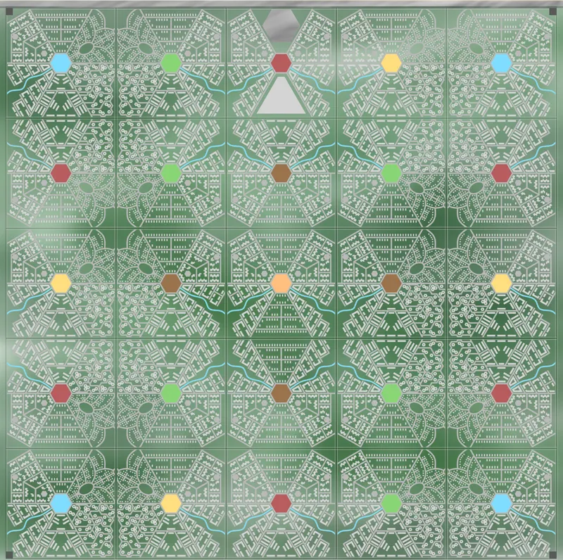 Site plan drawing showing hexagonal blocks arranged in a grid with colored circles marking central nodes