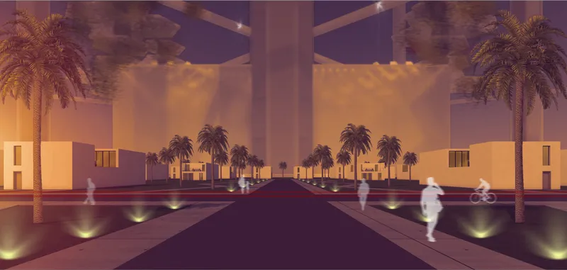 Rendering of a colonnade with palm trees lining a pedestrian plaza at dusk with figures walking